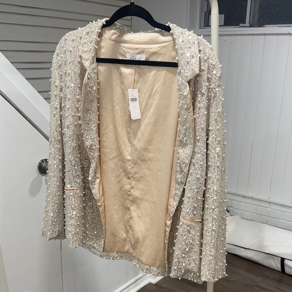 Mabel silver sequinned Blazer with Pearl Embellishments